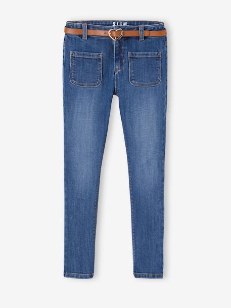 Die UNVERWÜSTLICHE, robuste Mädchen Jeans, Slim-Fit mit Gürtel, Bundweite verstellbar blue stone+grau 