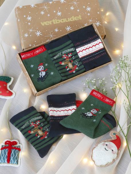 Coffret de 3 paires de mi-chaussettes Noël garçon vert sapin 