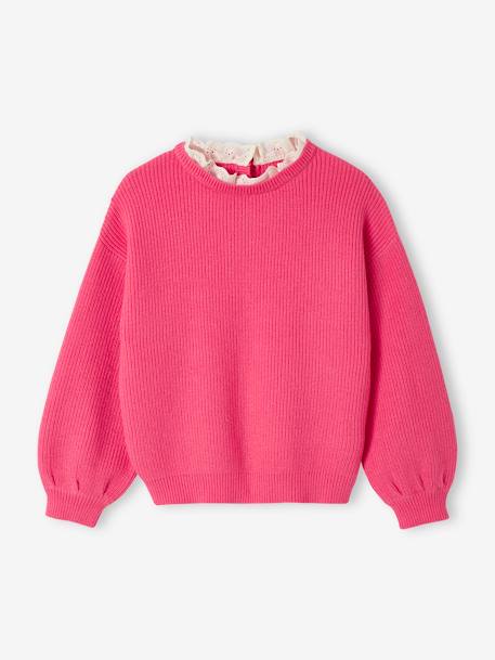 Weiter Mädchen Pullover mit Kragen bonbon rosa+himmelblau+puderbeige+rayé marine+rosa 