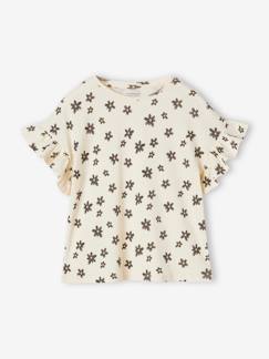 Fille-T-shirt, sous-pull-T-shirt-Tee-shirt en côtes imprimé fleurs fille