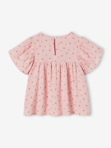 Blouse en gaze de coton bio fille manches papillon écru+rose 