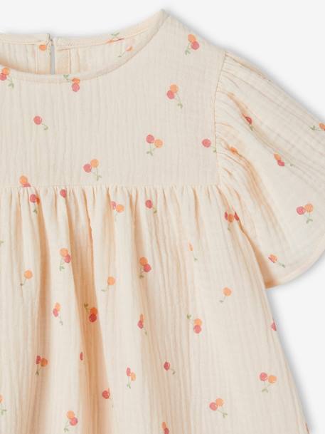 Blouse en gaze de coton bio fille manches papillon écru+rose 