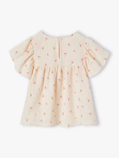 Blouse en gaze de coton bio fille manches papillon écru+rose 