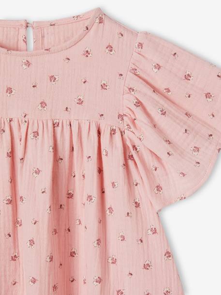 Blouse en gaze de coton bio fille manches papillon écru+rose 