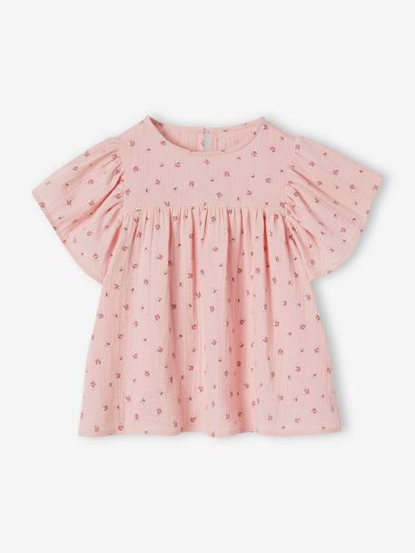 Blouse en gaze de coton bio fille manches papillon écru+rose 