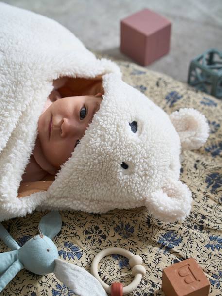 Nid d'ange transformable en peluche Ourson beige+écru+gris souris+kaki+rose imprimé 