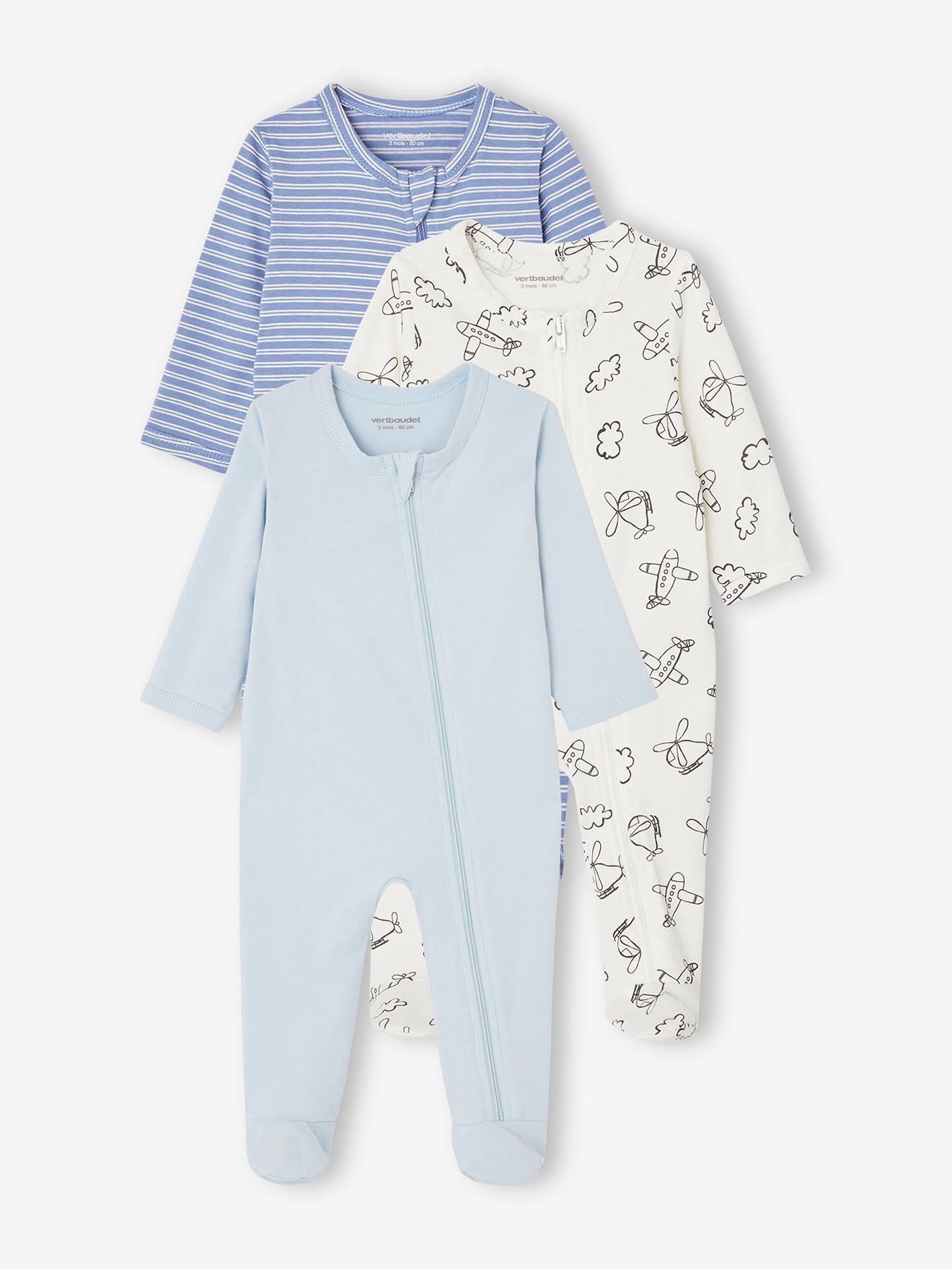 Lot de 3 pyjamas bébé en jersey ouverture zippée BASICS - bleu chambray, Bébé