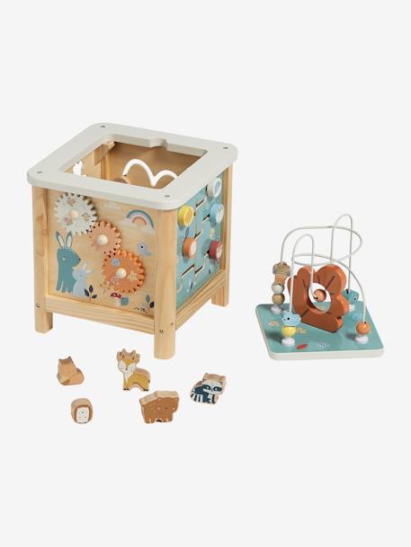 Grand cube d'activités en bois FSC® Beige LOVELY FARM+bleu+rose+rose+vert 