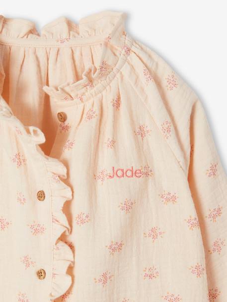 Chemise à volants en gaze de coton fille personnalisable écru+rose pâle+tomette+vert d'eau 