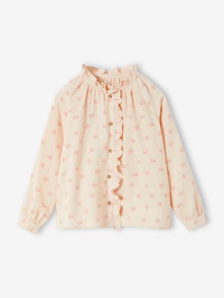 Chemise à volants en gaze de coton fille personnalisable écru+rose pâle+tomette+vert d'eau 