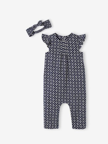 Mädchen Baby-Set: Overall und Haarband hellgrün geblümt+marine+rosa bedruckt 