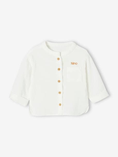 Chemise col mao bébé en gaze de coton personnalisable bleu grisé+caramel+écru+vert foncé 