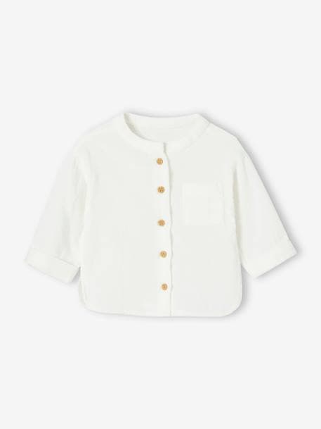 Chemise col mao bébé en gaze de coton personnalisable bleu grisé+caramel+écru+vert foncé 