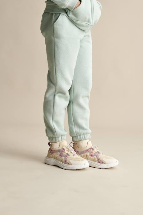 Pantalon jogging en molleton fille ceinture paperbag beige chiné+marine+vert d'eau 