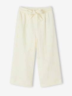 Fille-Pantalon-Pantalon large brodé fleurs en gaze de coton fille