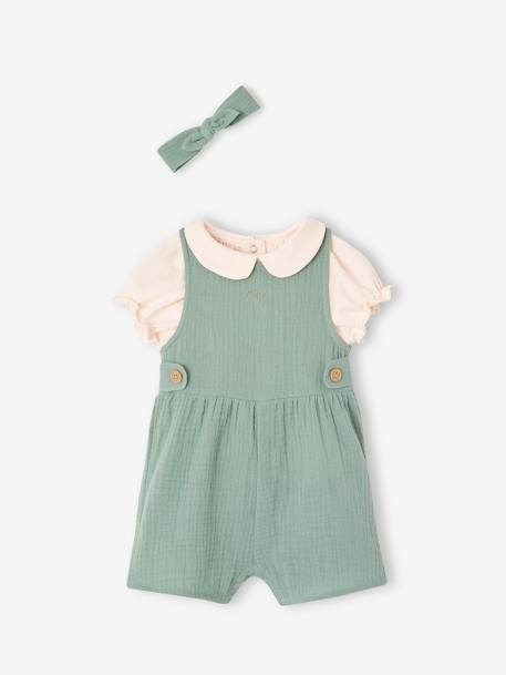 Mädchen Baby-Set: T-Shirt, Kurzoverall & Haarband altrosa+salbeigrün 