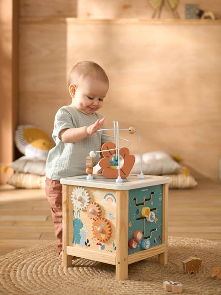 Grand cube d'activités en bois FSC® Beige LOVELY FARM+bleu+rose+rose+vert 