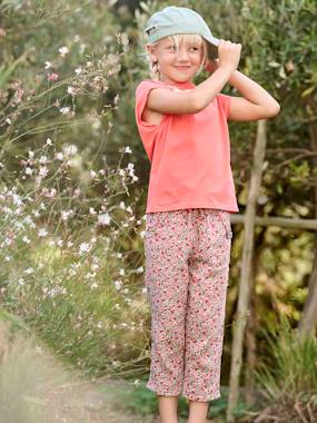 Pantalon Court Fille En Gaze De Coton VERTBAUDET - Motif Fleurs - Taille élastiquée Avec Noeud