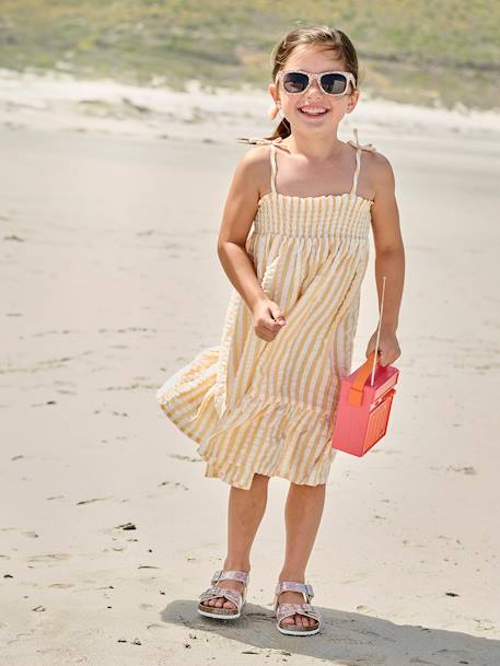 Robe à smocks rayée en seersucker fille rayé jaune 