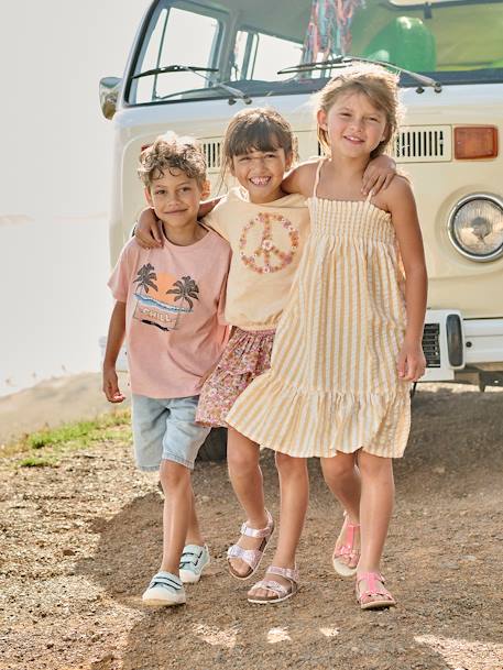 Robe à smocks rayée en seersucker fille rayé jaune 