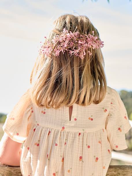 Blouse en gaze de coton bio fille manches papillon écru+rose 