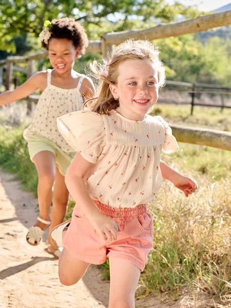 Blouse en gaze de coton bio fille manches papillon écru+rose 