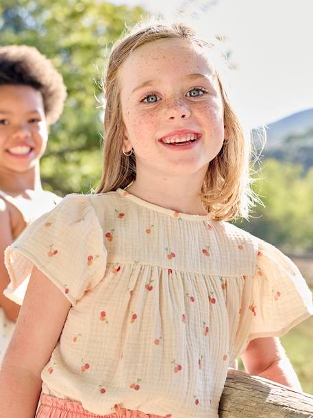 Blouse en gaze de coton bio fille manches papillon écru+rose 