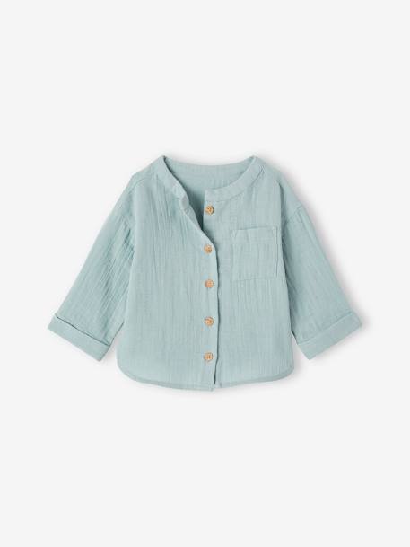 Chemise col mao bébé en gaze de coton personnalisable bleu grisé+caramel+écru+vert foncé 