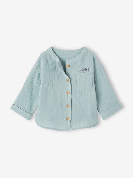 Chemise col mao bébé en gaze de coton personnalisable bleu grisé+caramel+écru+vert foncé 