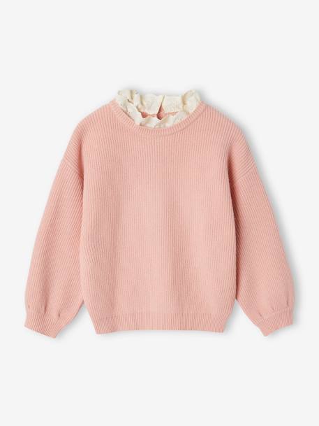 Weiter Mädchen Pullover mit Kragen bonbon rosa+himmelblau+puderbeige+rayé marine+rosa 