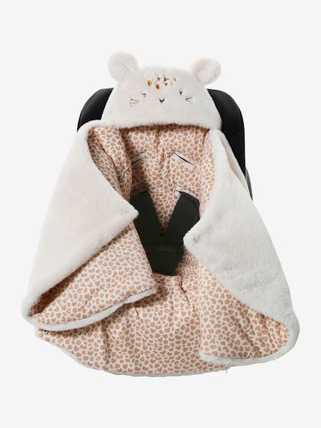 Nid d'ange transformable en peluche Ourson beige+écru+gris souris+kaki+rose imprimé 