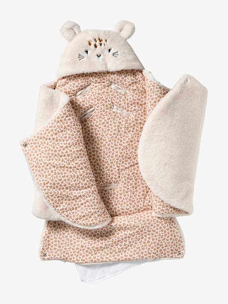 Nid d'ange transformable en peluche Ourson beige+écru+gris souris+kaki+rose imprimé 