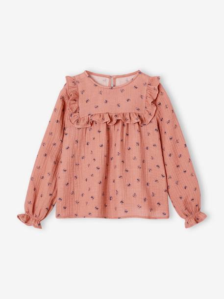 Blouse à volant en gaze de coton fille blush+écru+vert de gris 