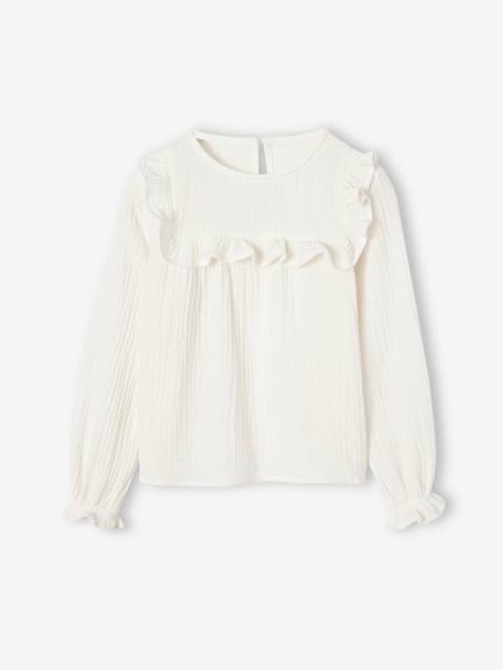 Blouse à volant en gaze de coton fille blush+écru+vert de gris 