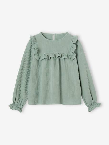 Blouse à volant en gaze de coton fille blush+écru+vert de gris 