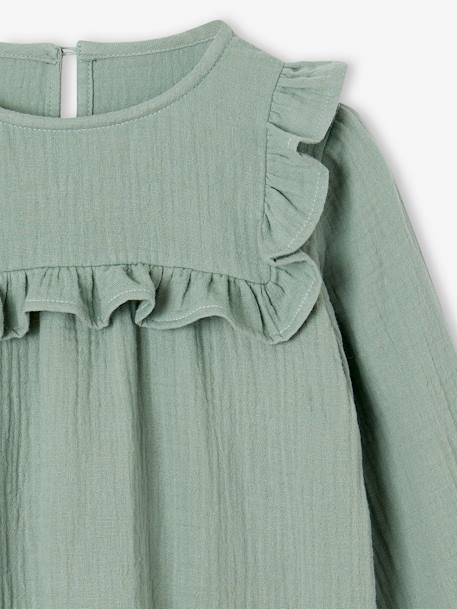 Blouse à volant en gaze de coton fille blush+écru+vert de gris 