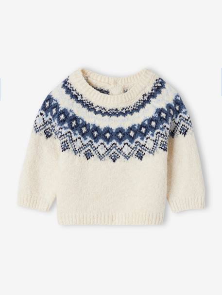 Pull jacquard bébé garçon en maille mousseuse ultra douce écru 