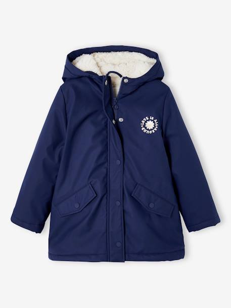 Mädchen Regenjacke mit Kapuze & Teddyfleece-Futter marine+safrangrün+zartrosa 