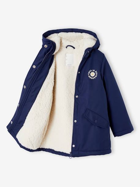 Mädchen Regenjacke mit Kapuze & Teddyfleece-Futter marine+safrangrün+zartrosa 