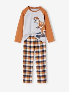 Junge-Pyjama, Overall-Jungen Dino-Schlafanzug mit karierter Flanellhose