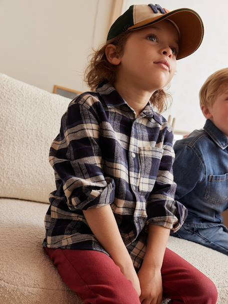 Chemise à carreaux en flanelle garçon bleu ardoise+bleu nuit+carreaux blanc 