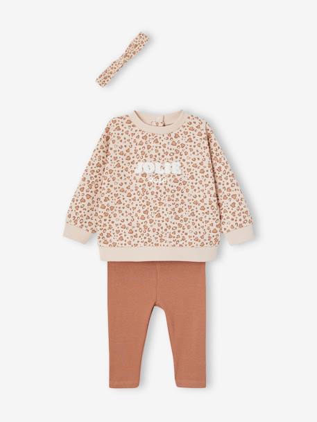 Ensemble sweat + legging + bandeau personnalisable bébé fille beige poudré+bois de rose 