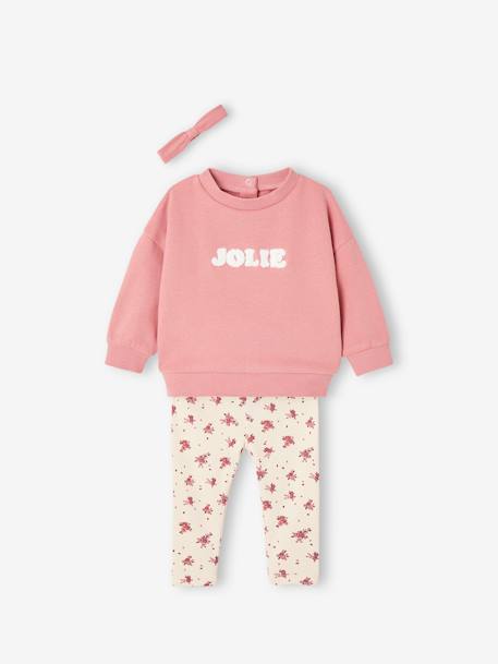 Ensemble sweat + legging + bandeau personnalisable bébé fille beige poudré+bois de rose 