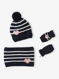 Fille-Accessoires-Ensemble bonnet + snood + moufles/mitaines rayures/coeur fille