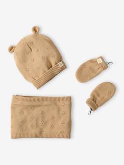 Baby-Mädchen Baby-Set: Mütze mit Ohren, Rundschal & Handschuhe mit Lochmuster