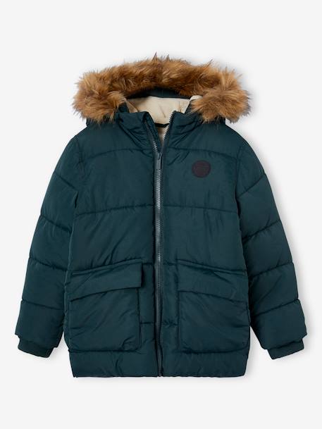 Doudoune à capuche doublée polaire avec gants ou moufles garçon BLEU+MORDORE+vert sapin 