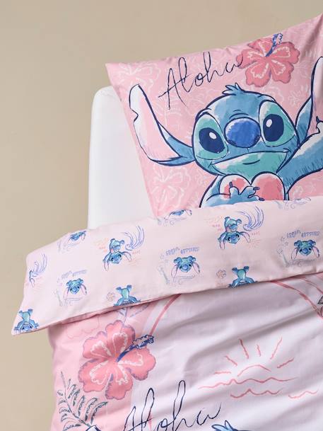 Parure enfant housse de couette + taie d'oreiller Stitch rose imprimé 