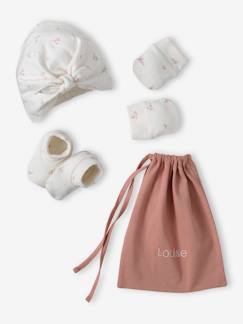 Bébé-Ensemble naissance fille bonnet + moufles + chaussons + pochon personnalisable