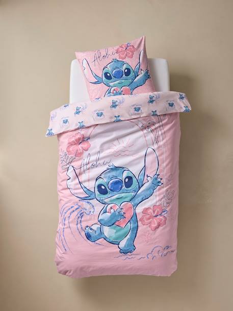 Parure enfant housse de couette + taie d'oreiller Stitch rose imprimé 