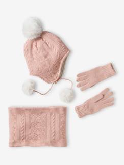 Mädchen-Accessoires-Mütze, Schal, Handschuhe-Mädchen-Set aus Strick: Mütze, Rundschal & Handschuhe